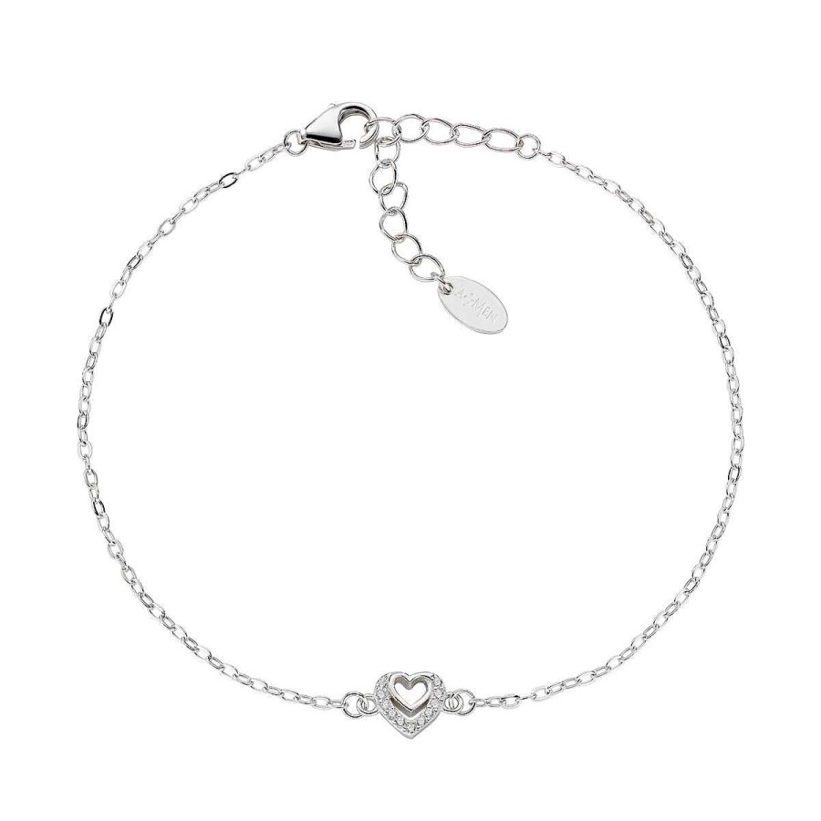 Bracciali Amen | Bracciale Due Cuori Con Zirconi Bianchi