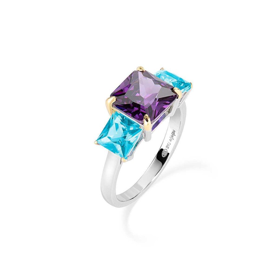 Anelli Amen | Anello Cocktail Rodio Zirconi Viola E Turchese