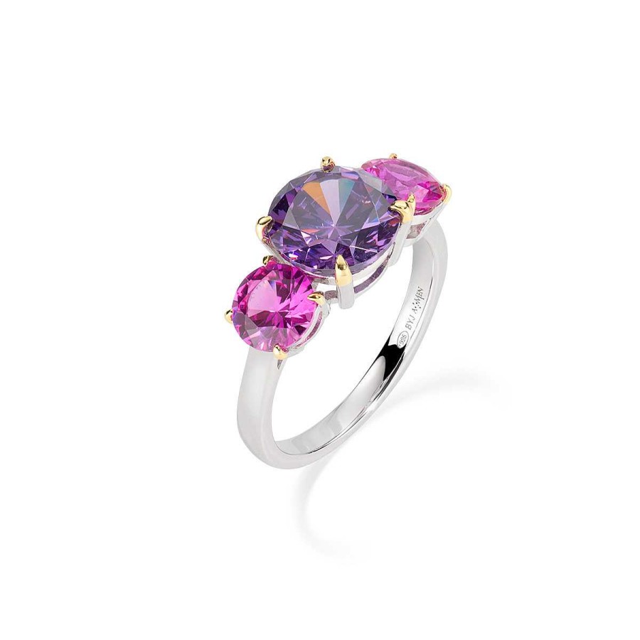 Anelli Amen | Anello Cocktail Rodio Zirconi Viola E Fucsia