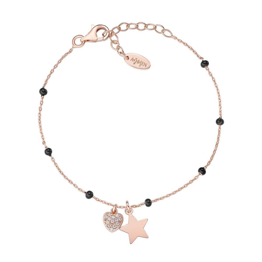 Bracciali Amen | Bracciale Ros E Smalto Nero Stella E Cuore