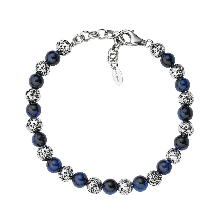 Bracciali Amen | Bracciale Pietra Lavica E Occhio Di Tigre Blu