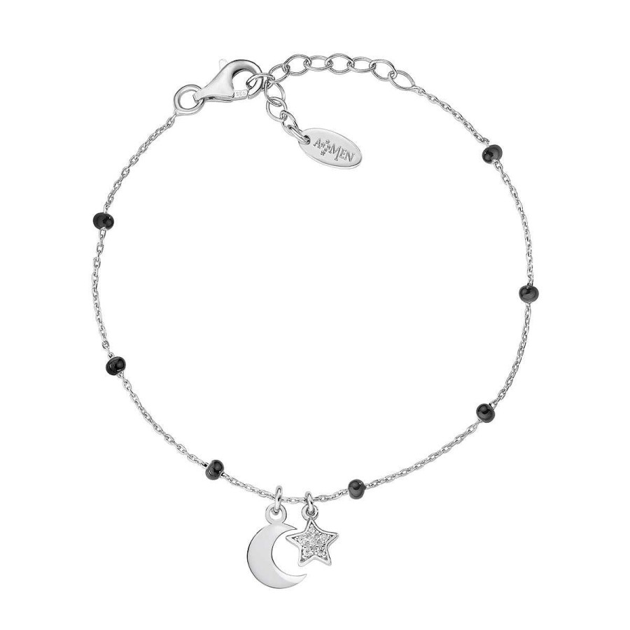 Bracciali Amen | Bracciale Rodio E Smalto Nero Luna E Stella