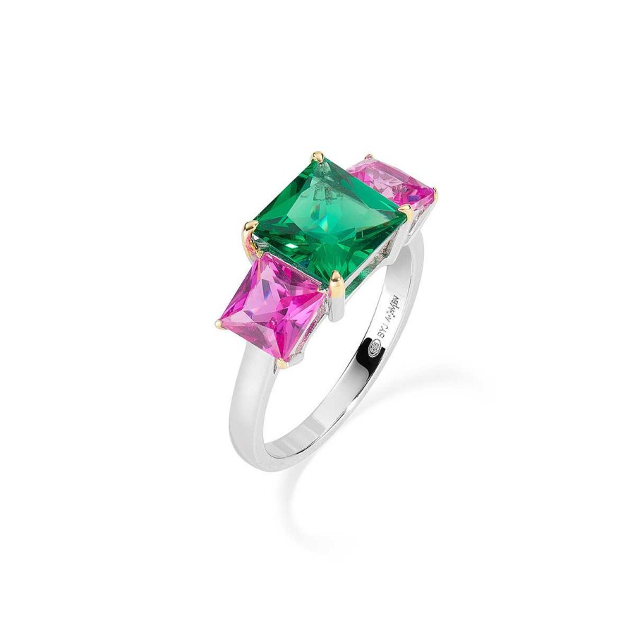 Anelli Amen | Anello Cocktail Rodio Zirconi Verde E Fucsia