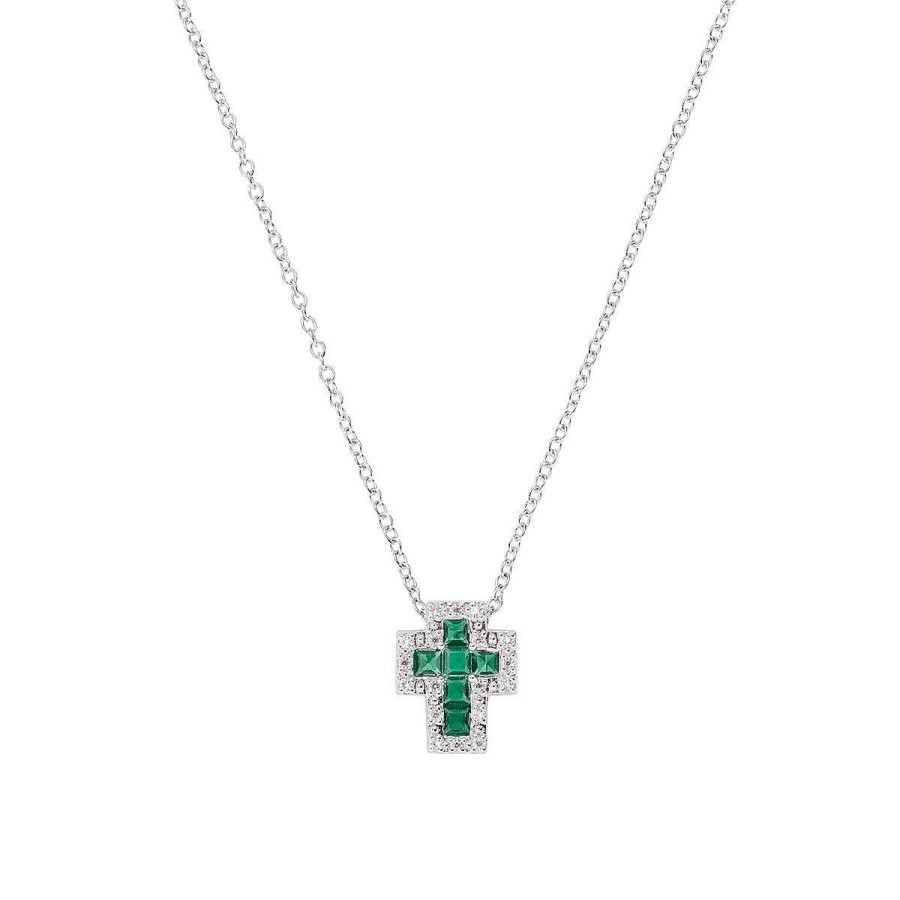 Collane Amen | Collana Mini Doppia Croce Con Zirconi Bianchi E Verde