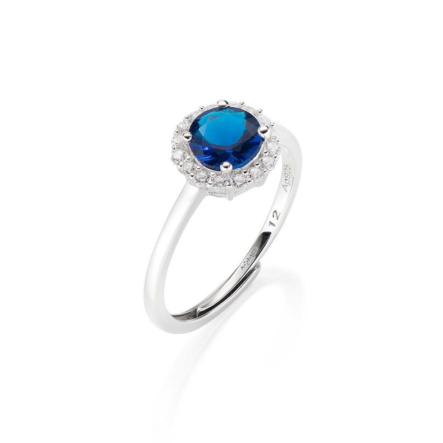 Anelli Amen | Anello Regolabile Diamond Con Zircone Tondo Blu