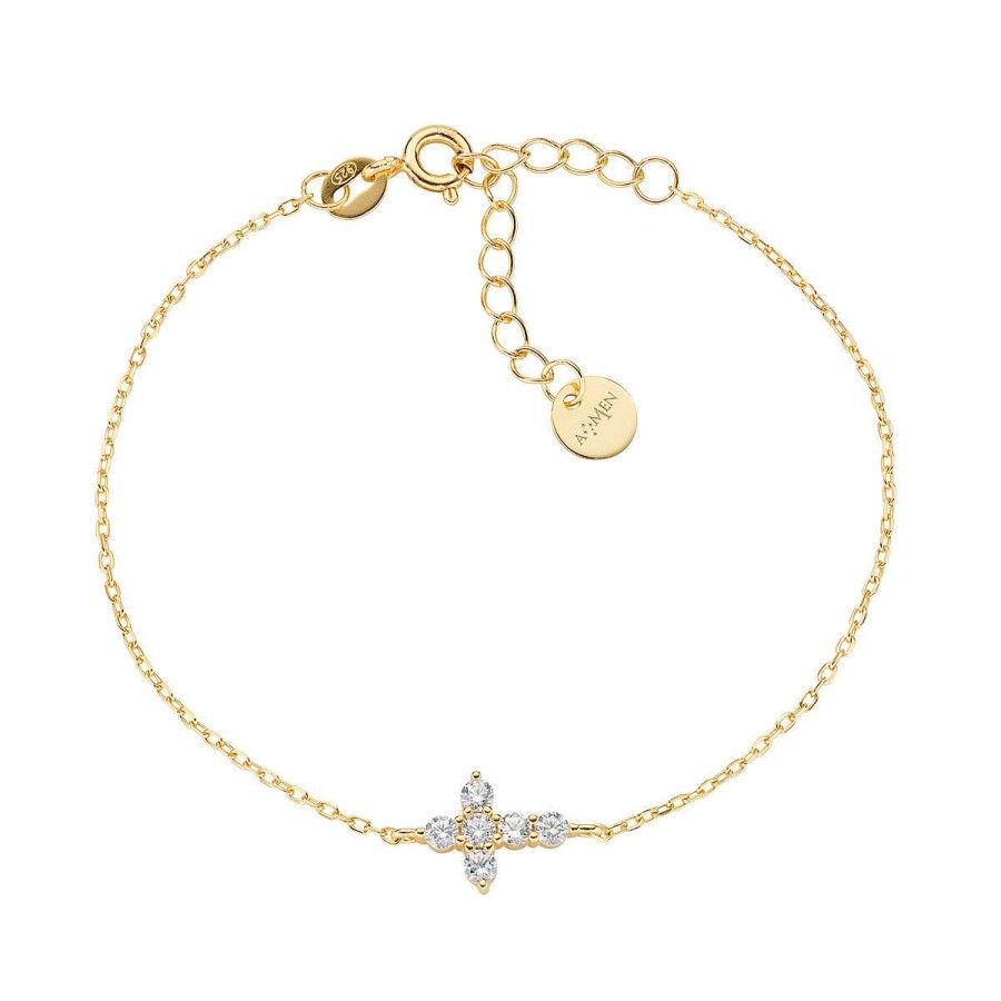 Bracciali Amen | Bracciale Dorato Croce Con Zirconi Bianchi