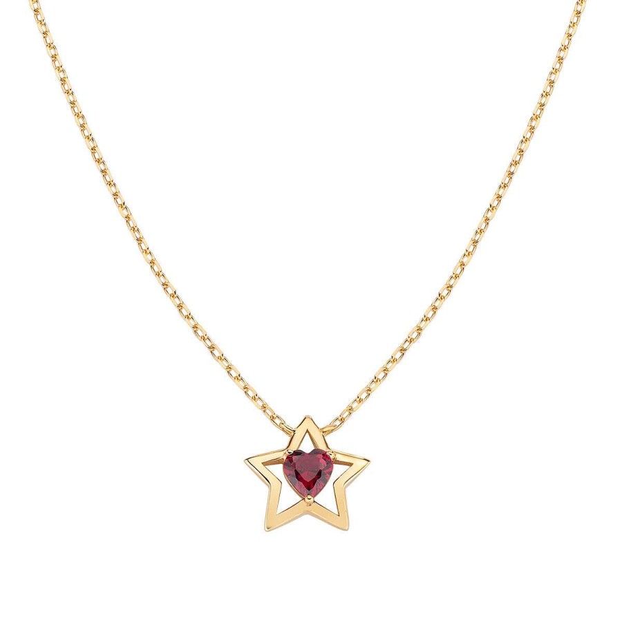 Collane Amen | Collana Dorata Con Stella E Cuore In Zircone Rosso