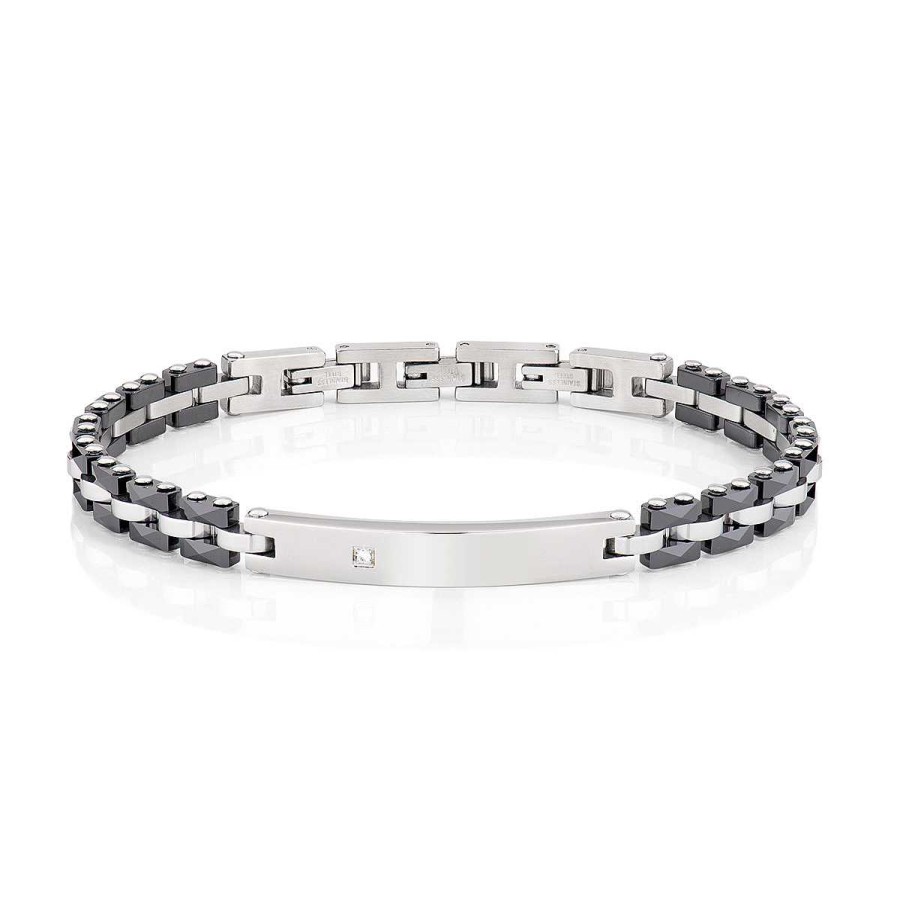 Bracciali Amen | Bracciale In Acciaio, Ceramica Nera E Diamante Bianco