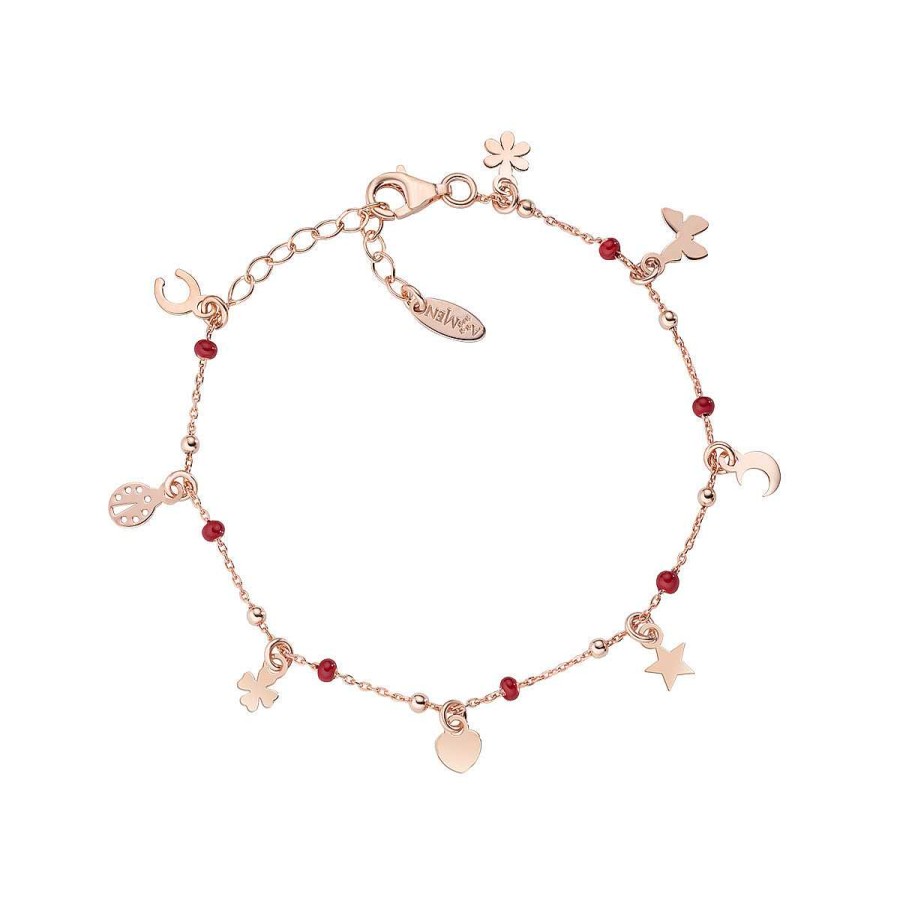 Bracciali Amen | Bracciale Multi-Charm Ros E Smalto Rosso