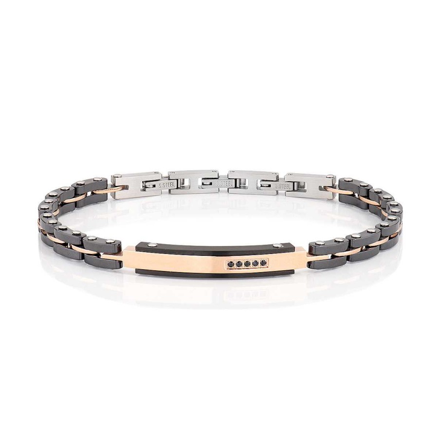 Bracciali Amen | Bracciale In Acciaio, Ceramica Nera E Diamanti Neri