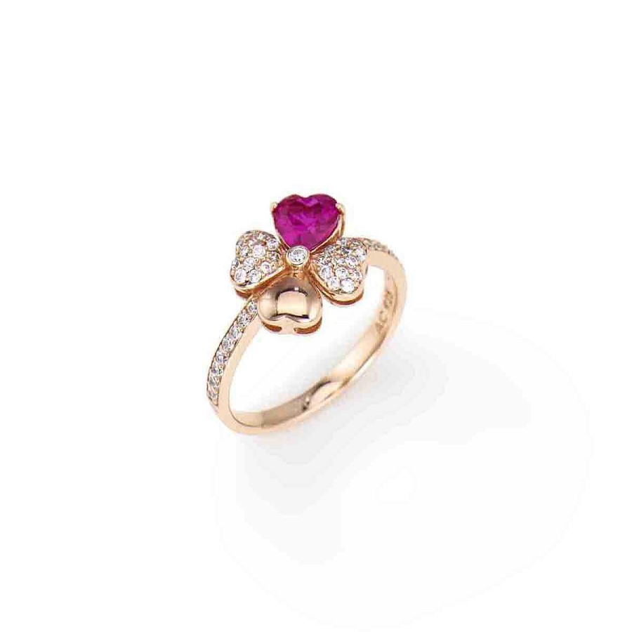 Anelli Amen | Anello Quadricuore Rosa E Zirconi Bianchi E Rubino