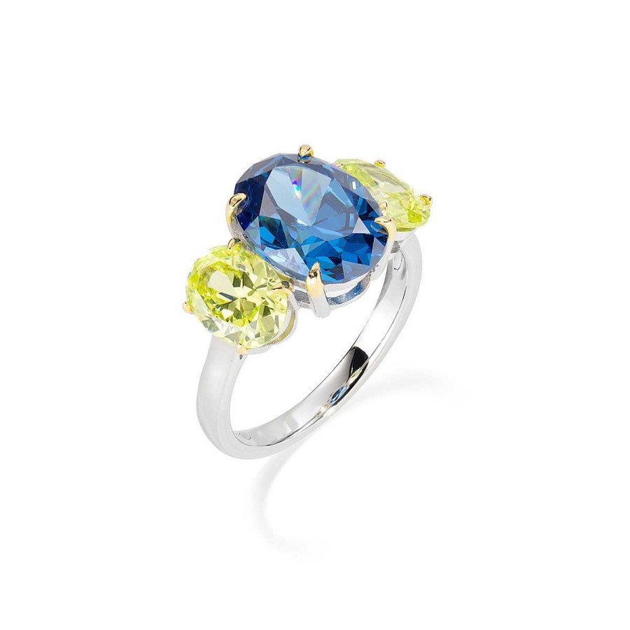 Anelli Amen | Anello Cocktail Rodio Zirconi Blu E Verde Mela