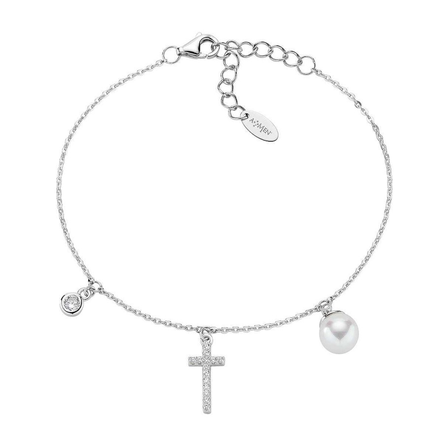 Bracciali Amen | Bracciale Rodio Croce Zirconata E Perla