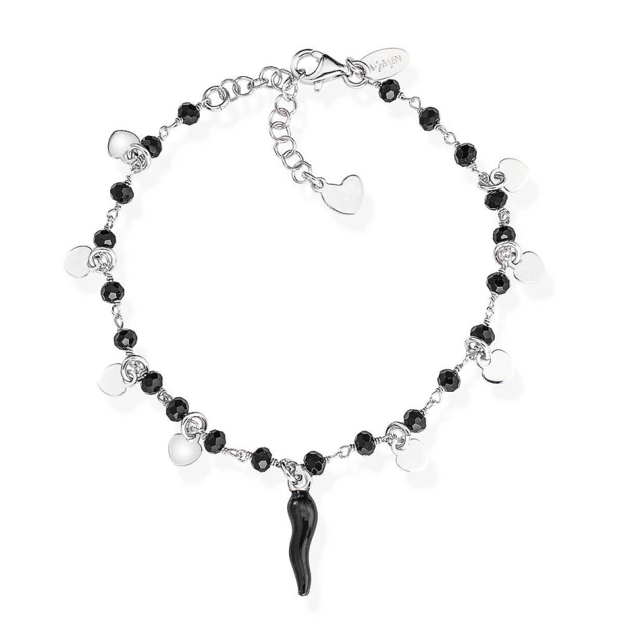 Bracciali Amen | Bracciale Cornetto Nero Cristalli E Cuori