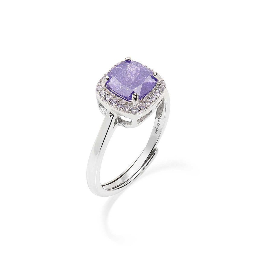 Anelli Amen | Anello Regolabile In Argento Con Creek Stone Viola E Zirconi Lavanda