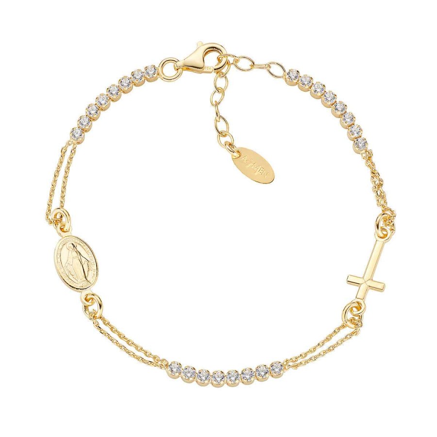 Bracciali Amen | Bracciale Dorato Stile Rosario Con Tennis Bianco