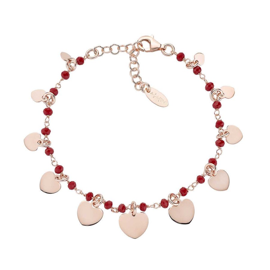 Bracciali Amen | Bracciale Charms Cuori E Cristalli Rossi