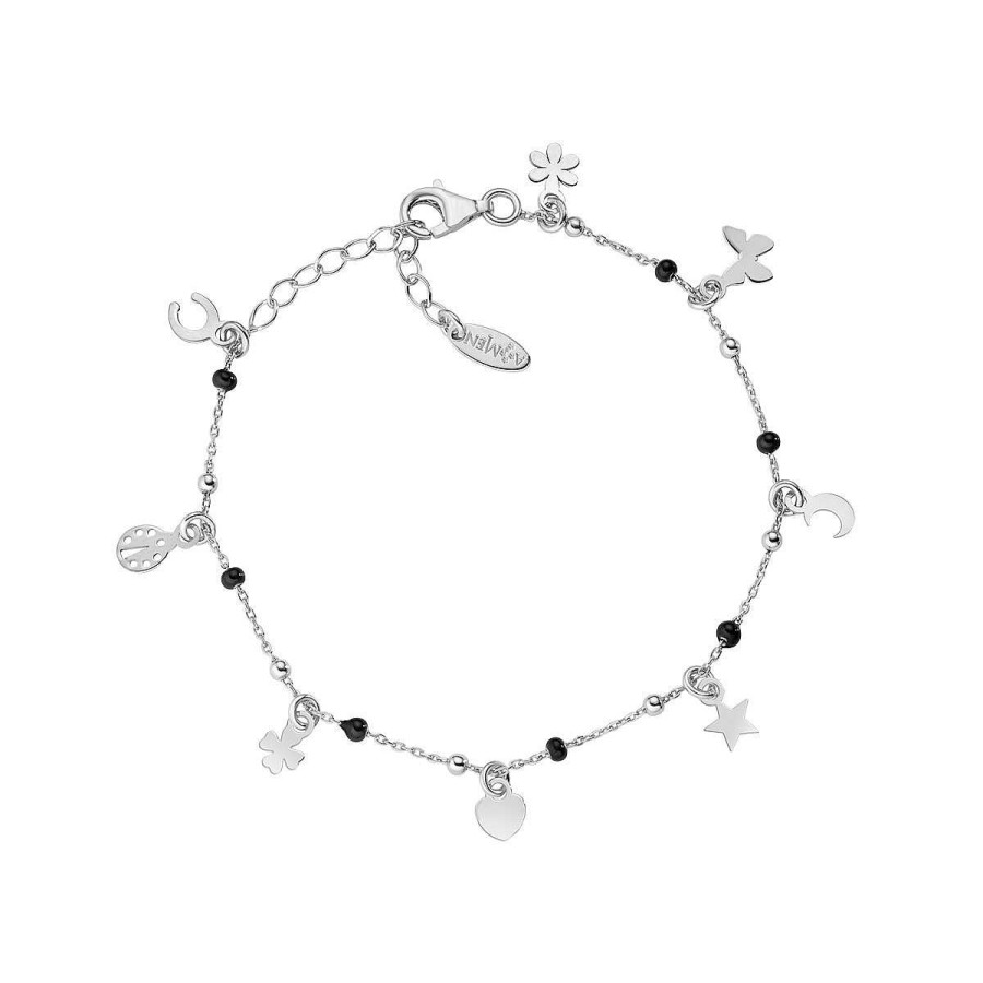 Bracciali Amen | Bracciale Multi-Charm Rodio E Smalto Nero