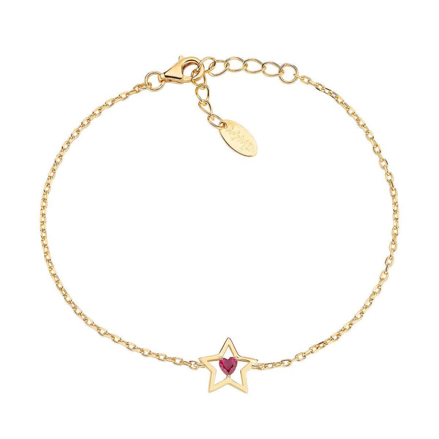 Bracciali Amen | Bracciale Dorato Con Stella E Cuore In Zircone Rosso