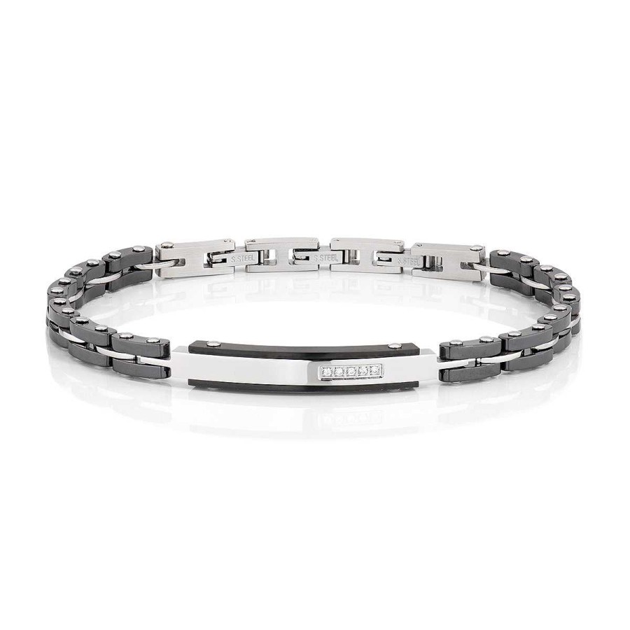 Bracciali Amen | Bracciale In Acciaio, Ceramica Nera E Diamanti Bianchi