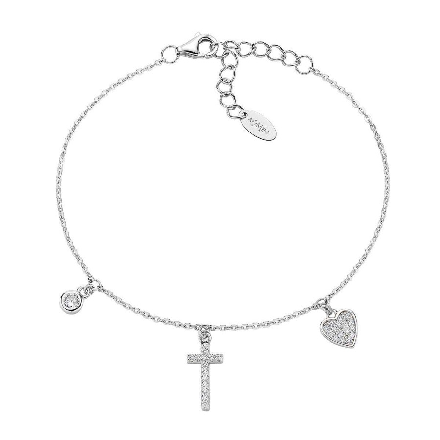 Bracciali Amen | Bracciale Rodio Croce E Cuore Zirconato