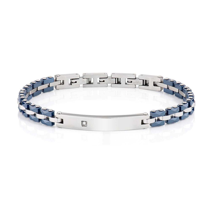 Bracciali Amen | Bracciale In Acciaio, Ceramica Blu E Diamante Bianco